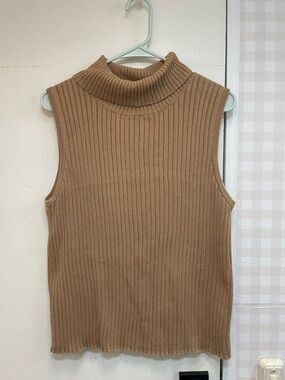 Pierre Cardin cotton knit tan sleeveless turtleneck sweater shirt layering cozy